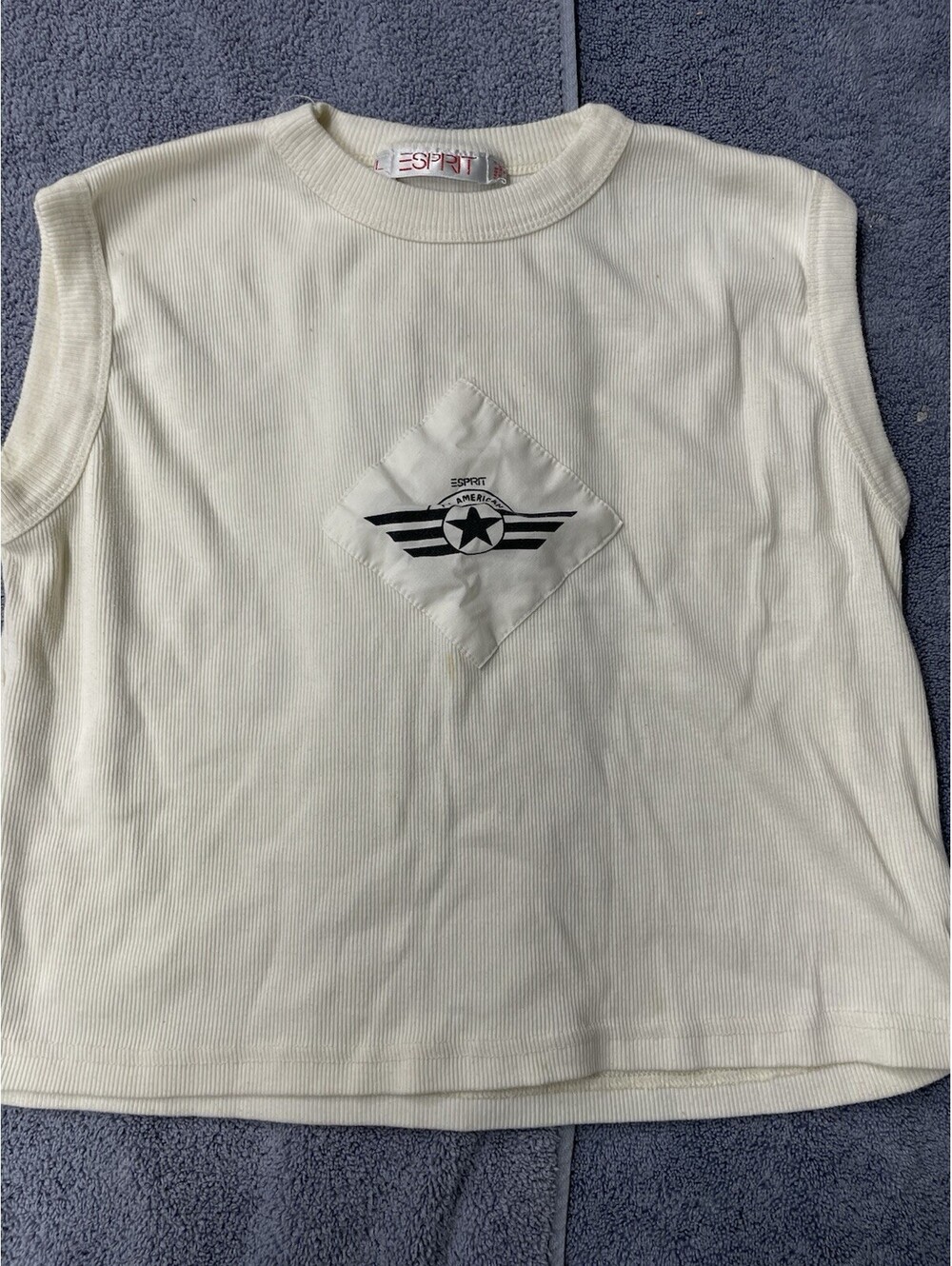 Esprit White Sleeveless Ribbed Tank with Black Star Emblem